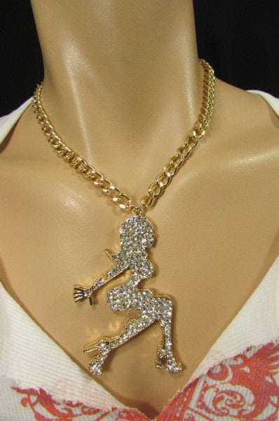 Gold Metal Chains Fashion Necklace Big Silver Rhinestone Sexy woman Shape Pendant New Men Fashion - alwaystyle4you - 7