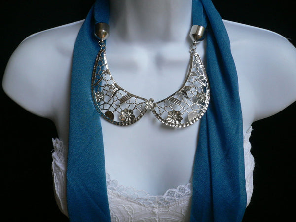 Royal Blue Fashion Scarf Necklace Silver Metal Flowers Collar Pendant New Women Jewelry - alwaystyle4you - 5