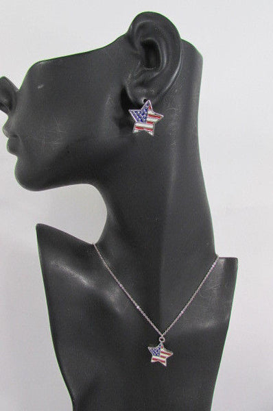 USA American Flag Star/Square/Heart Silver Metal Necklace + Matching Earring Set New Women - alwaystyle4you - 13