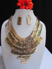 Wide 6 Strands Gold Links Chains Metal Statement Necklace + Matching Earrings Set New Women - alwaystyle4you - 1