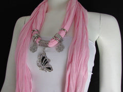 Light Pink Baby Blue Fabric Scarf Necklace Silver Flying Butterfly Pendant Women unique Fashion - alwaystyle4you - 1