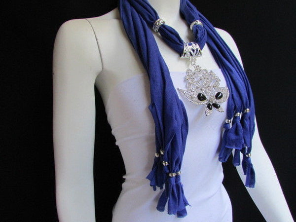 Black Blue Purple Pink Brown Dark Gray Red Bright Coral Green Soft Fabric Scarf Necklace Silver Flowers Butterfly Pendant New Fashion Accessory - alwaystyle4you - 66