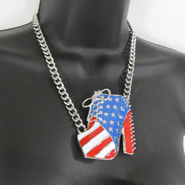 Large Metal High Heels Shoes Pendant Fashion Chains Gold / Silver Rhinestones American Flag USA Stars Necklace + Earrings Set - alwaystyle4you - 12