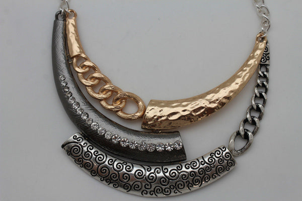 Gold Black / Silver Black Metal Plate Half Moon Necklace Chains + Earrings Set New Women Fashion Jewelry - alwaystyle4you - 7