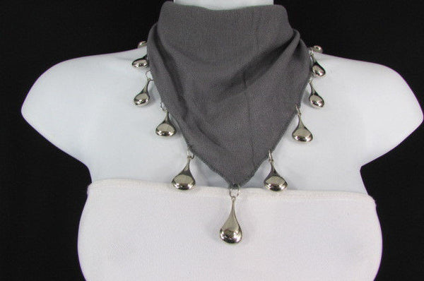 Solid New Women Scarf Fashion Necklace Gray Short Fabric Neck Multi Silver Drops Beads - alwaystyle4you - 7