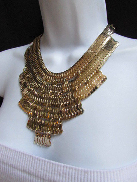 Wide 6 Strands Gold Links Chains Metal Statement Necklace + Matching Earrings Set New Women - alwaystyle4you - 7