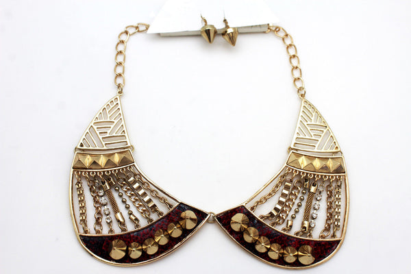 Bronze / Gold Short Bib Metal Chains Collar Spikes Necklace + Earrings Set New Women Fashion Jewelry - alwaystyle4you - 8