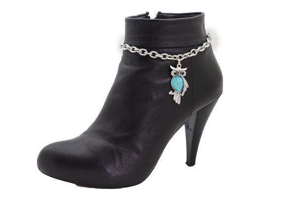 Brand New Women Silver Metal Chains Boot Bracelet Western Shoe Turquoise Owl Charm Jewelry