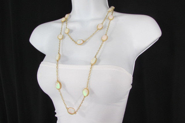 Extra Long Gold Chains Shiny Cream Beads Fashion Necklace + Earrings Set New Women 26" - alwaystyle4you - 11