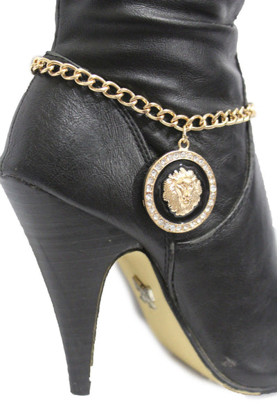 Gold / Sikver Metal Boot Chains Bracelet  Black Big Lion Head Round Coin Anklet Shoe Charm New Women Western Fashion accessories - alwaystyle4you - 8