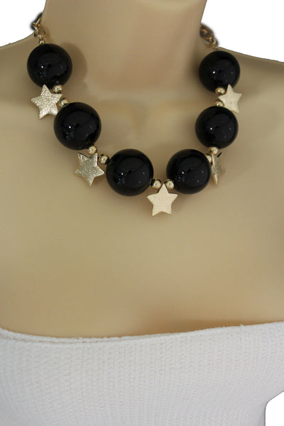 Black / Silver / Gold / Red / White Metal Stars Ball Beads Short Ivory Necklace + Earring Set New Women Fashion Jewelry - alwaystyle4you - 23