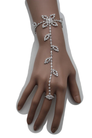 Hot Silver Metal Hand Chains Bracelet Slave Ring Floral Leaf Flower Lace Rhinestones New Women Fashion Accessories