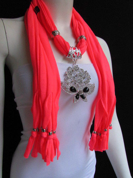 Black Blue Purple Pink Brown Dark Gray Red Bright Coral Green Soft Fabric Scarf Necklace Silver Flowers Butterfly Pendant New Fashion Accessory - alwaystyle4you - 74