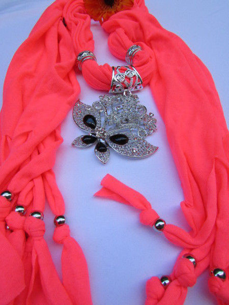 Black Blue Purple Pink Brown Dark Gray Red Bright Coral Green Soft Fabric Scarf Necklace Silver Flowers Butterfly Pendant New Fashion Accessory - alwaystyle4you - 76