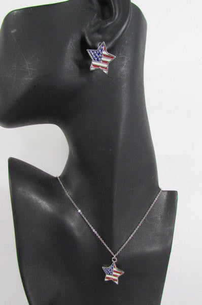 USA American Flag Star/Square/Heart Silver Metal Necklace + Matching Earring Set New Women - alwaystyle4you - 8