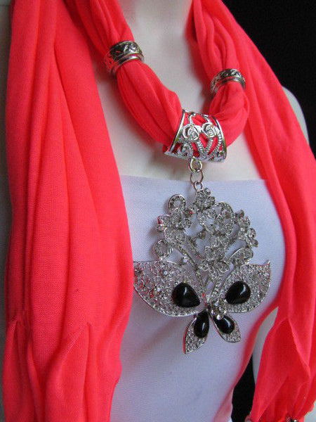 Black Blue Purple Pink Brown Dark Gray Red Bright Coral Green Soft Fabric Scarf Necklace Silver Flowers Butterfly Pendant New Fashion Accessory - alwaystyle4you - 77