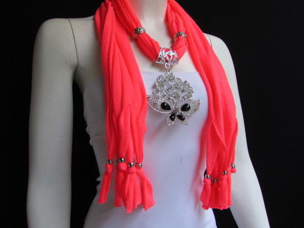 Black Blue Purple Pink Brown Dark Gray Red Bright Coral Green Soft Fabric Scarf Necklace Silver Flowers Butterfly Pendant New Fashion Accessory - alwaystyle4you - 78