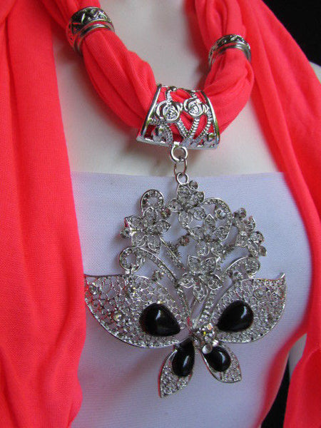 Black Blue Purple Pink Brown Dark Gray Red Bright Coral Green Soft Fabric Scarf Necklace Silver Flowers Butterfly Pendant New Fashion Accessory - alwaystyle4you - 79
