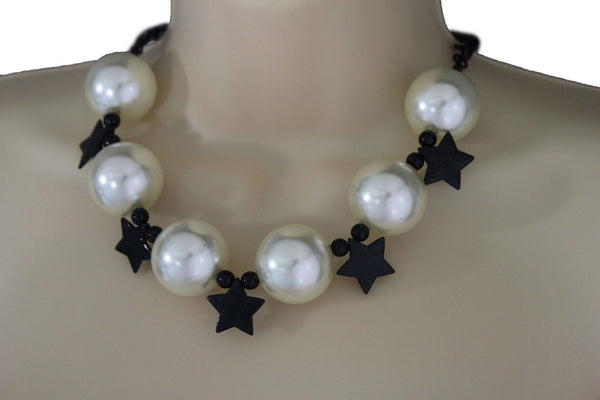 Black / Silver / Gold / Red / White Metal Stars Ball Beads Short Ivory Necklace + Earring Set New Women Fashion Jewelry - alwaystyle4you - 12