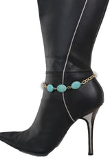 Gold Metal Chains Boot Bracelet Anklet Shoe Charm Antique Blue Beads