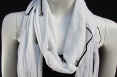 New Women Fashion Soft White Fabric Scarf Mini Faux Fur Balls Black Chains - alwaystyle4you - 3