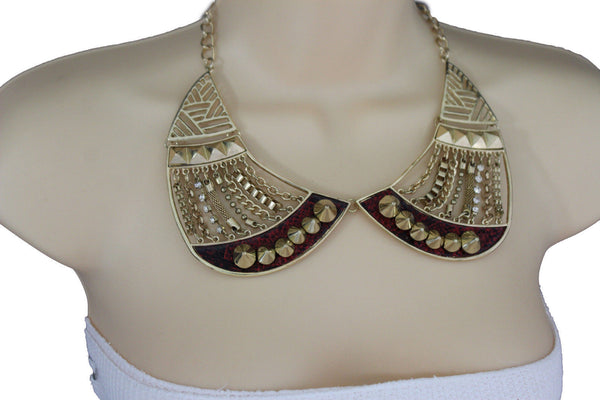 Bronze / Gold Short Bib Metal Chains Collar Spikes Necklace + Earrings Set New Women Fashion Jewelry - alwaystyle4you - 9
