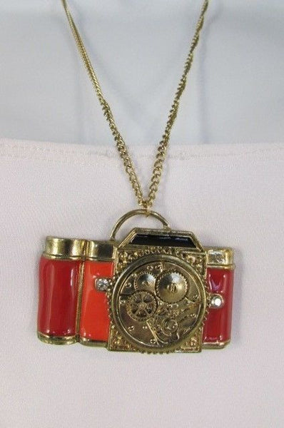 Old Fashion Collector Camera Red Orange Long Rusty Gold New Women Necklace - alwaystyle4you - 13