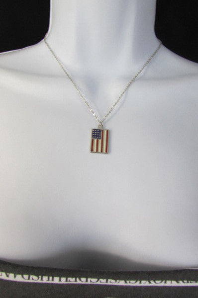 USA American Flag Star/Square/Heart Silver Metal Necklace + Matching Earring Set New Women - alwaystyle4you - 33