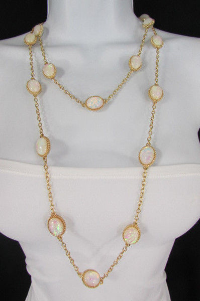 Extra Long Gold Chains Shiny Cream Beads Fashion Necklace + Earrings Set New Women 26" - alwaystyle4you - 12