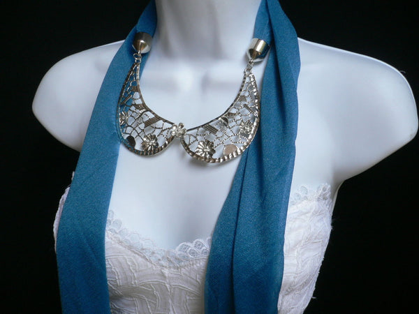 Royal Blue Fashion Scarf Necklace Silver Metal Flowe