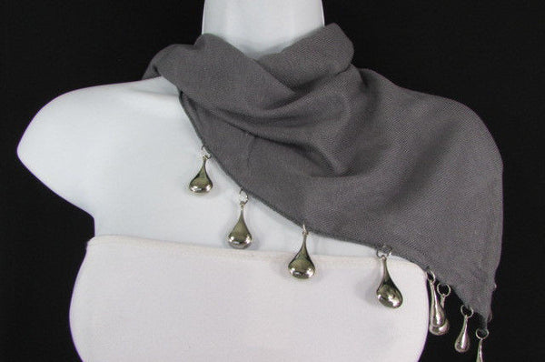 Solid New Women Scarf Fashion Necklace Gray Short Fabric Neck Multi Silver Drops Beads - alwaystyle4you - 8