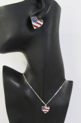 USA American Flag Star/Square/Heart Silver Metal Necklace + Matching Earring Set New Women - alwaystyle4you - 2