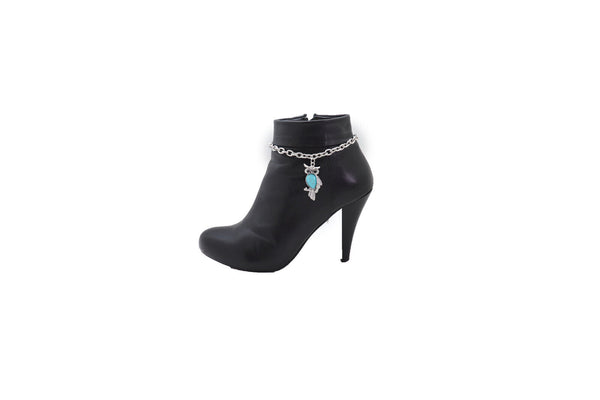 Brand New Women Silver Metal Chains Boot Bracelet Western Shoe Turquoise Owl Charm Jewelry
