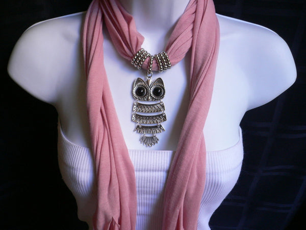 New Women Long Beige / Pnk Soft Scarf Fashion Necklace Silver Owl Pendant Rhinestones - alwaystyle4you - 28
