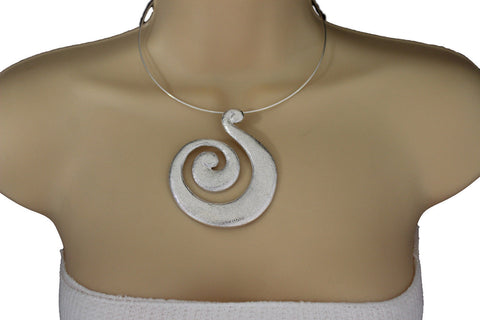 Silver / Pewter Black Choker Thin Metal Snail Spin Swirl Charm Necklace + Earrings Set New Women Fashion Jewelry - alwaystyle4you - 1
