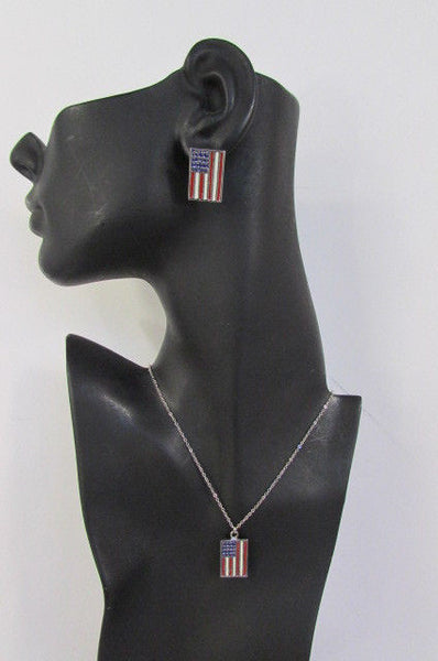 USA American Flag Star/Square/Heart Silver Metal Necklace + Matching Earring Set New Women - alwaystyle4you - 26