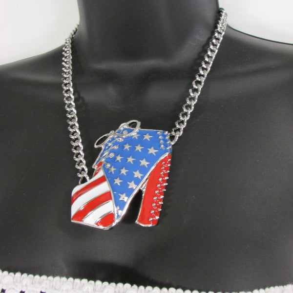 Large Metal High Heels Shoes Pendant Fashion Chains Gold / Silver Rhinestones American Flag USA Stars Necklace + Earrings Set - alwaystyle4you - 14