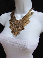 Wide 6 Strands Gold Links Chains Metal Statement Necklace + Matching Earrings Set New Women - alwaystyle4you - 9