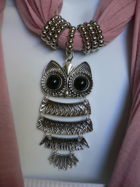 New Women Long Beige / Pnk Soft Scarf Fashion Necklace Silver Owl Pendant Rhinestones - alwaystyle4you - 17
