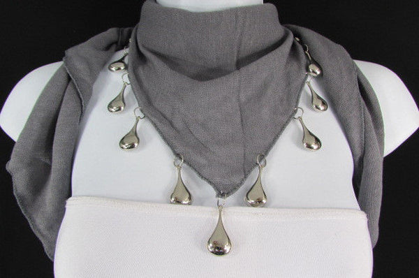 Solid New Women Scarf Fashion Necklace Gray Short Fabric Neck Multi Silver Drops Beads - alwaystyle4you - 9