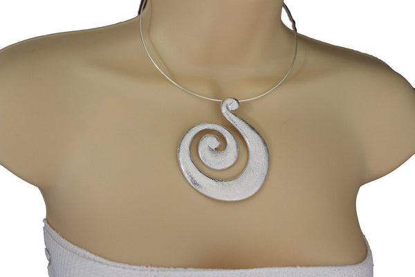 Silver / Pewter Black Choker Thin Metal Snail Spin Swirl Charm Necklace + Earrings Set New Women Fashion Jewelry - alwaystyle4you - 9