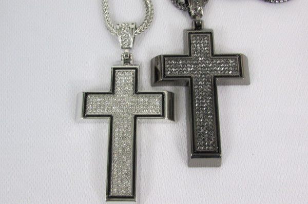 Pewter / Silver Metal Chains Long Necklace Boarded Cross Pendant New Men Hip Hop Fashion - alwaystyle4you - 14