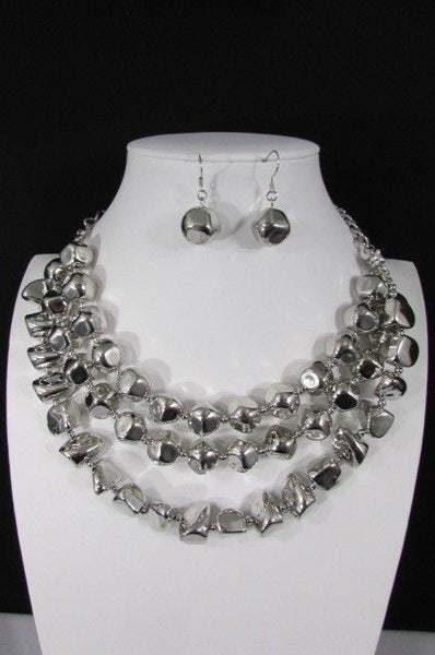 Long Shiny Silver Plastic Beads 3 Strands Fashion Necklace + Earring Set New Women - alwaystyle4you - 14