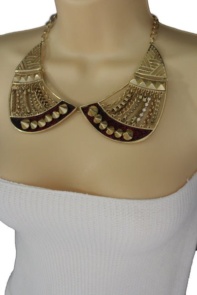 Bronze / Gold Short Bib Metal Chains Collar Spikes Necklace + Earrings Set New Women Fashion Jewelry - alwaystyle4you - 10