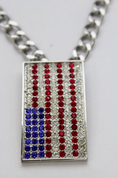 Silver Metal Chain Links Long Necklace USA American Flag Pendant 3D New Men Fashion Accessories - alwaystyle4you - 12