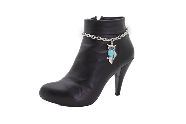 Brand New Women Silver Metal Chains Boot Bracelet Western Shoe Turquoise Owl Charm Jewelry