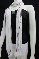 Women Fashion Soft White Fabric Scarf Mini Faux Fur Balls Black Chains - alwaystyle4you - 4