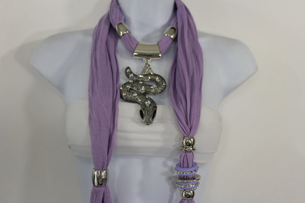 Women Lavender Fashion Scarf Fabric Silver Metal Snake Pendant Necklace Lilac - alwaystyle4you - 9