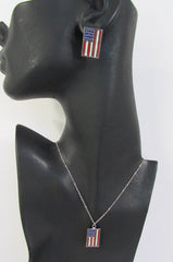 USA American Flag Star/Square/Heart Silver Metal Necklace + Matching Earring Set New Women - alwaystyle4you - 3