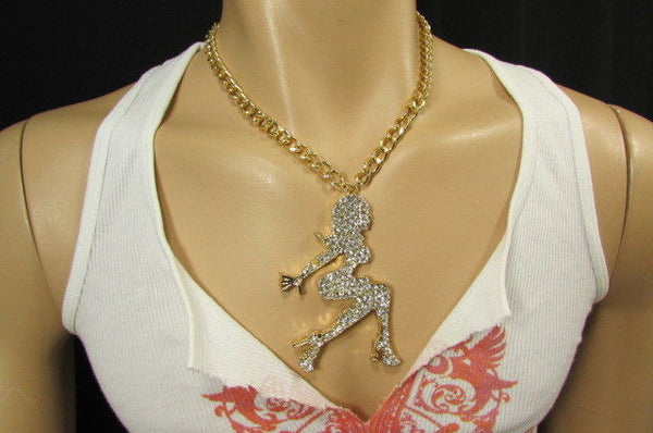 Gold Metal Chains Fashion Necklace Big Silver Rhinestone Sexy woman Shape Pendant New Men Fashion - alwaystyle4you - 11